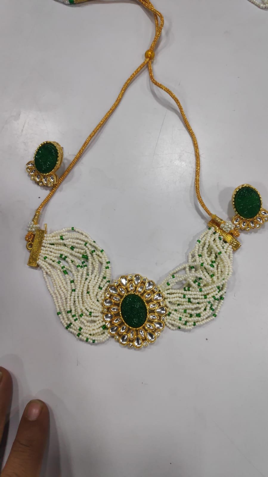 Ethnic Style Green Stone, Kundan multistranded White and Green Beads Choker Set