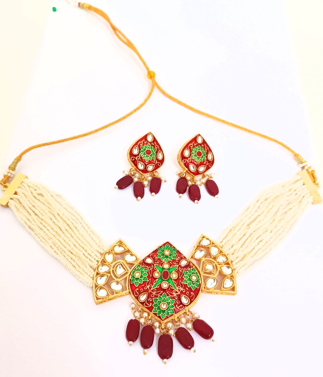 Kundan Studded Gold Platted Red and Green Meenakari Multistranded Beads Choker with Earrings