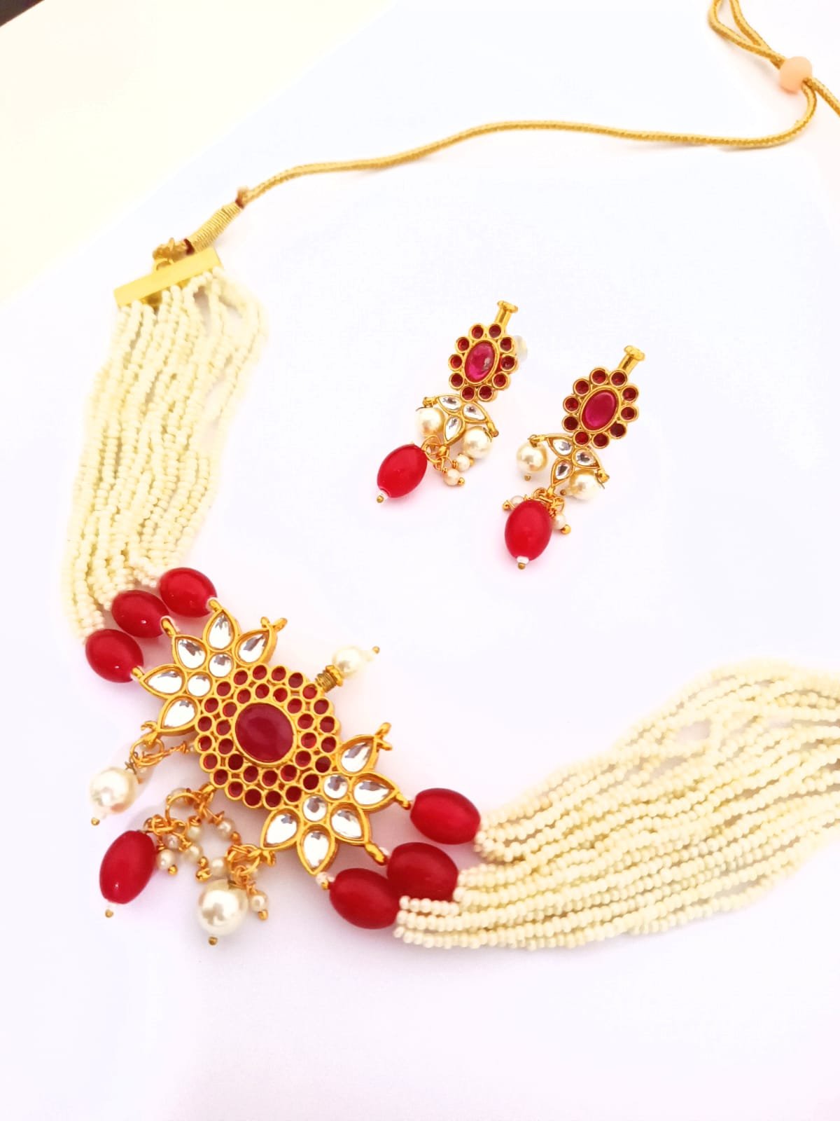 Kundan Jadau, Red Stone and Beads, White Pearl Beautiful Choker Set with Stud Earrings